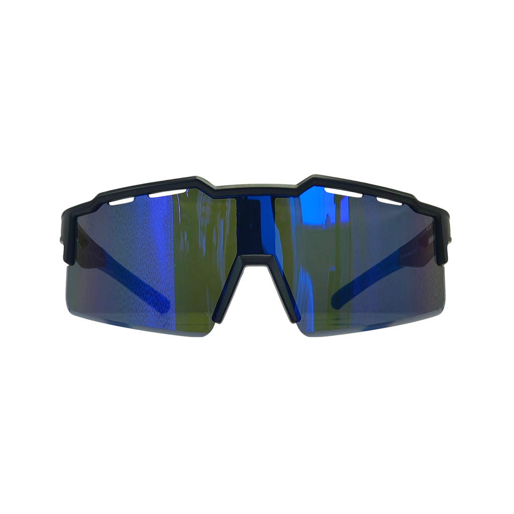 Óculos de sol esportivo Olimpo preto com lente azul-escura espelhada visto de frente